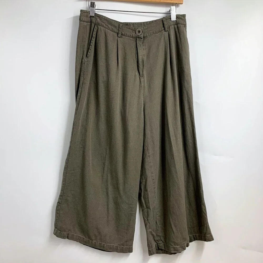 Miila Women's Pleated Wide Leg Cropped Linen Blend Trousers Size M